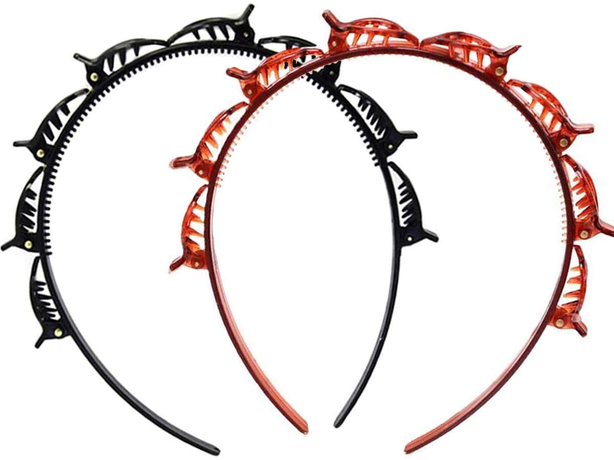 2PCS Double Bangs Hairstyle Hairpin, Multi-Layer Hollow Woven Headband, Headband with Alligator Clip Korean Style Fashionable Girl Braided Hair (Brown+Blcak)