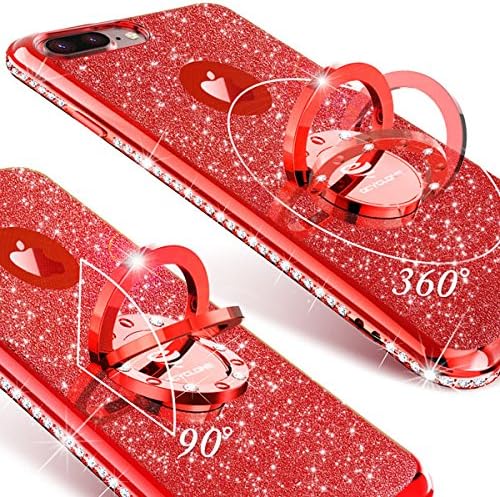 iPhone 7 Plus Case, iPhone 8 Plus Case, Glitter Cute Phone Case Girls with Kickstand, Bling Diamond Rhinestone Bumper Ring Stand Thin Soft Protective iPhone 7 Plus/ 8 Plus Case for Girl Women - Red