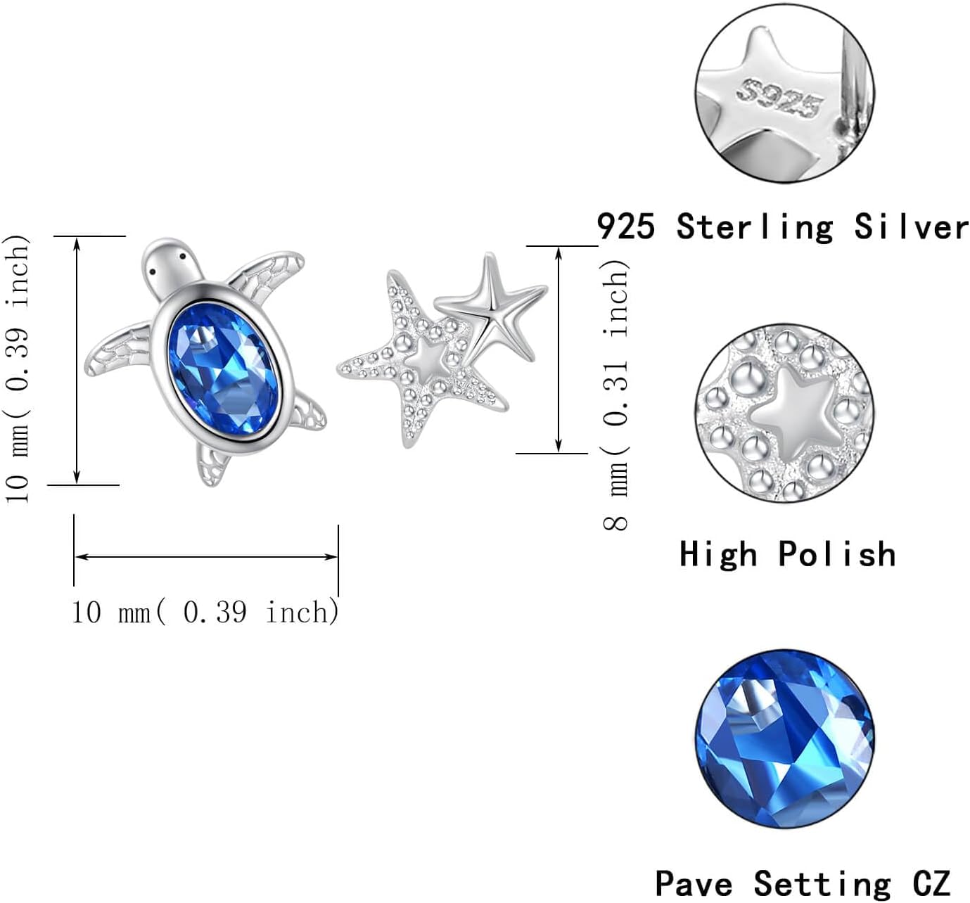 Asymmetric Sea Turtle Starfish Earrings 925 Sterling Silver for Women-Ocean-Themed Summer Beach Jewelry Gifts Boho Coastal Studs - Image 7