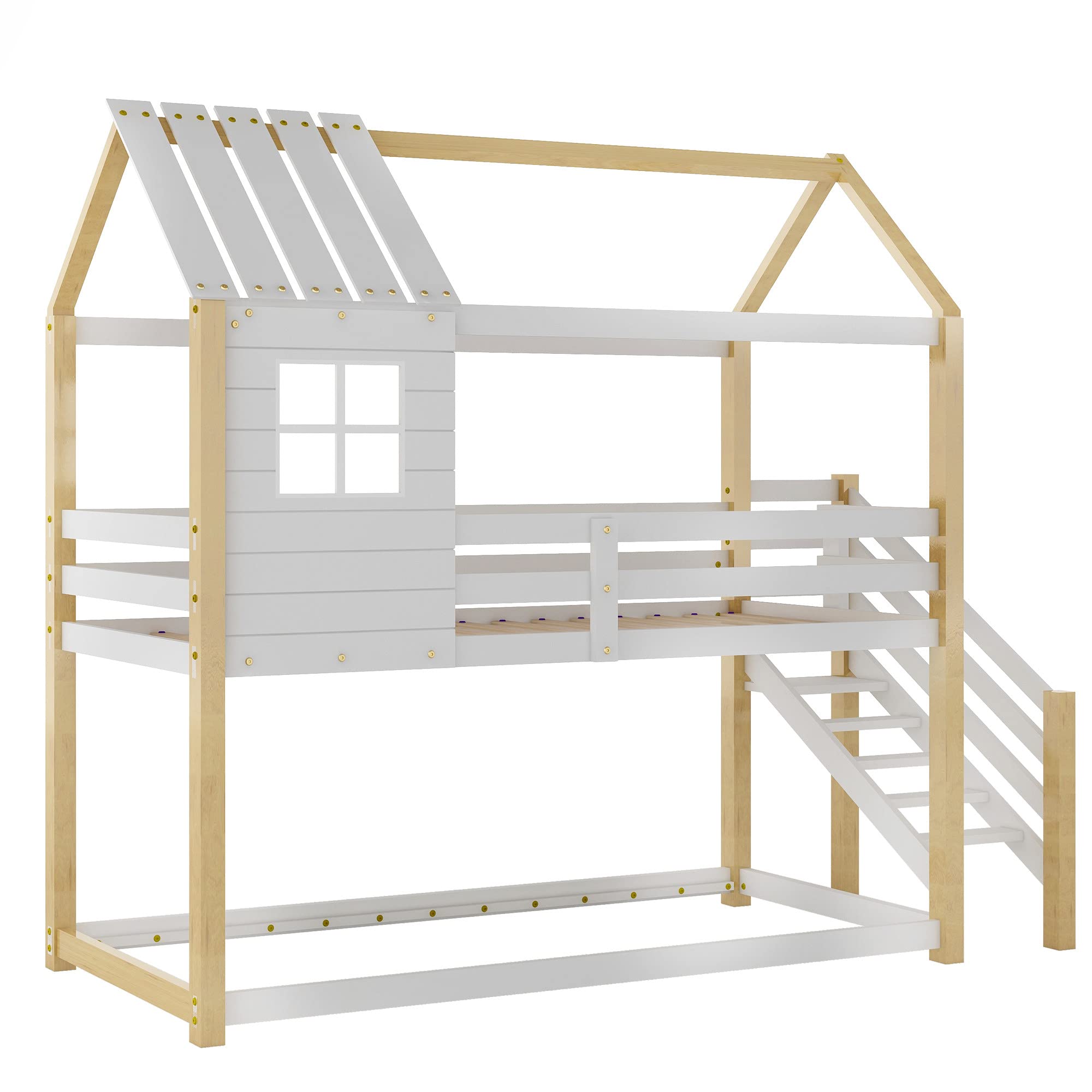 Baumhaus Kinderbett, Bett mit Ecktreppe, Hausbett, Kinderbett mit Fallschutz und Gitter, mit Fenster, Rahmen aus Kiefer, weiß+Natur (200x90cm),Woodcolor