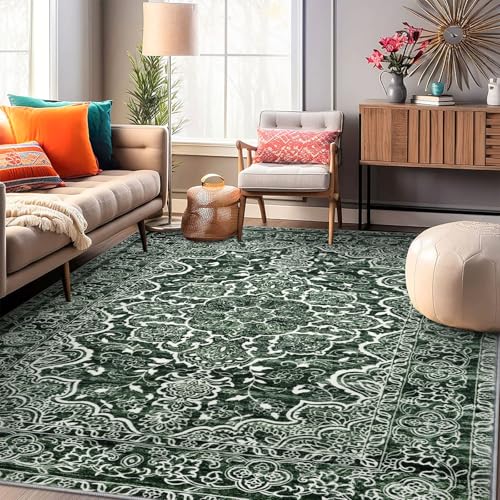 KUTA Floral Area Rugs for Living Room 8x10 Dark Green, Washable Large Rug for Bedroom 8ft x 10ft Non-Slip, Low-Pile Ultra Soft Printed Vintage Medallion Distressed Dining Room Carpet
