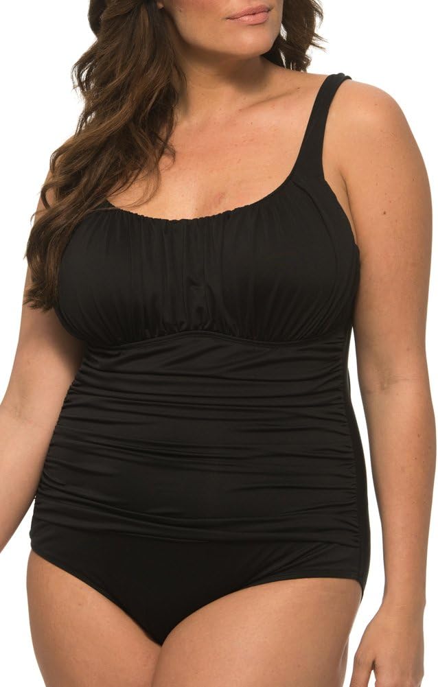 Caribbean Sand Plus Size Solid Black One Piece Swimsuit With Control Power Mesh Lining,Black,24