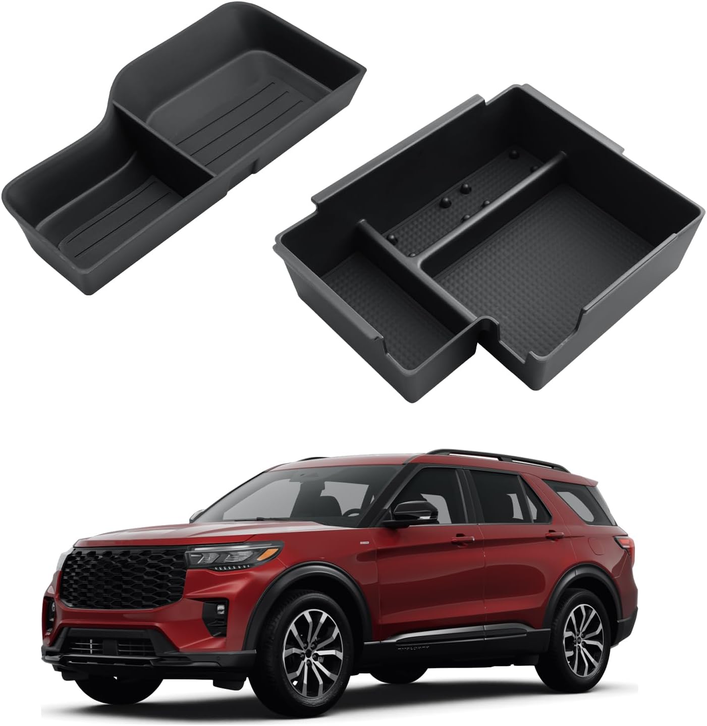 2024 Explorer Center Console Organizer - 2 Pcs Armrest Box Organizer Tray + TPE Center Console Cup Holder Insert for 2020-2024 Ford Explorer Accessories - ABS Organizer & TPE Cup Holder Set