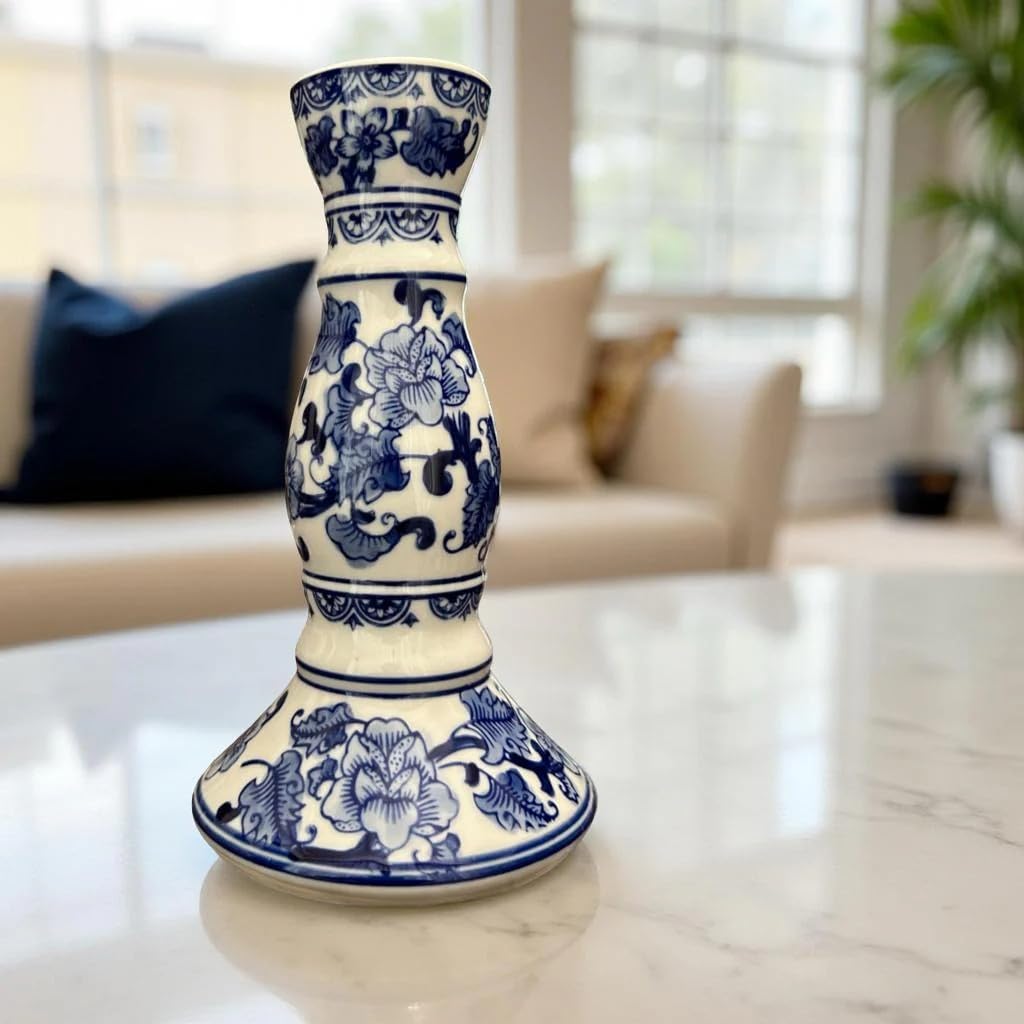 Vintage Blue and White Ceramic Candle Stand, Traditional Floral Pattern, Handcrafted, 25.5cm Height, Home Decor (Large)-image-29