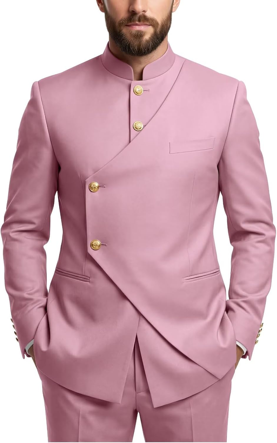 Wangyue Chinese Suit Men 2 Piece Slim Fit Safari Suits for Men Mandarin Collar Suit Chinese Tunic Suits Blazer Pants Set