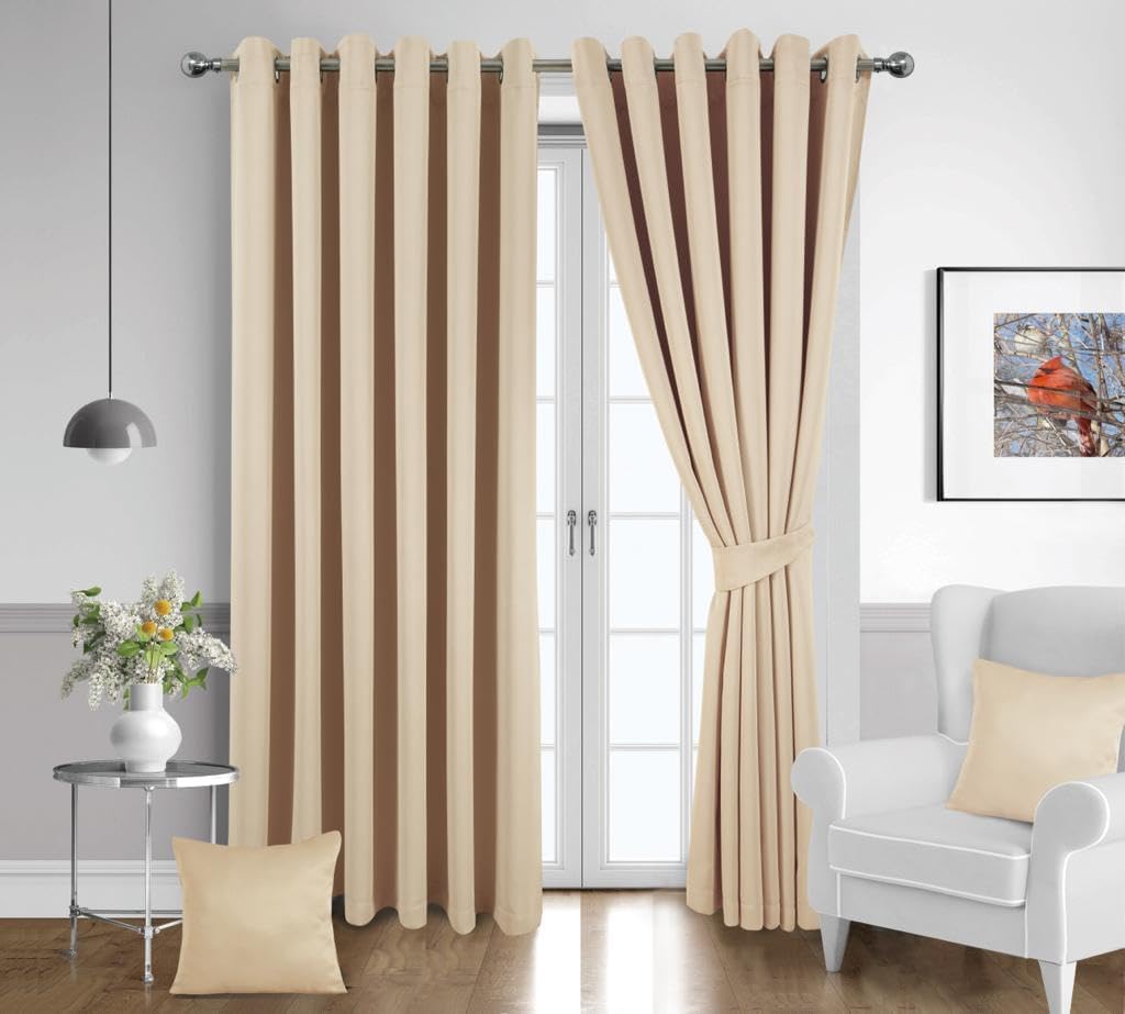 London Dream Eyelet Blackout Curtains For Bedroom Including 2 Cushion Covers, 2 Brackets & Tiebacks, Thermal Insulated Ring Top Window Treatments Curtain Pairs For Living Room (66 X 54 Inches, Beige)