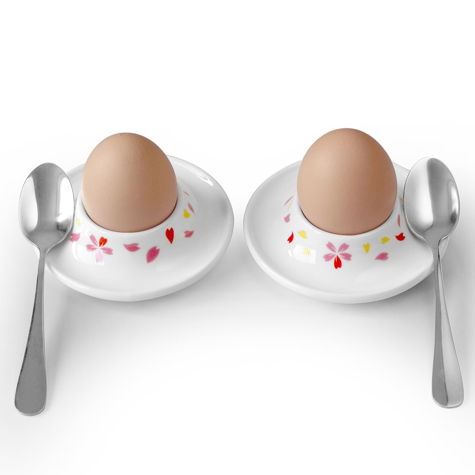 Cinf Ceramic Sakura Egg Holder Set of 2 Porcelain Holder With 2 Stainless Steels Egg Spoons Breakfast Boiled Cooking Easy to Clean Childhood Memories Kitchen