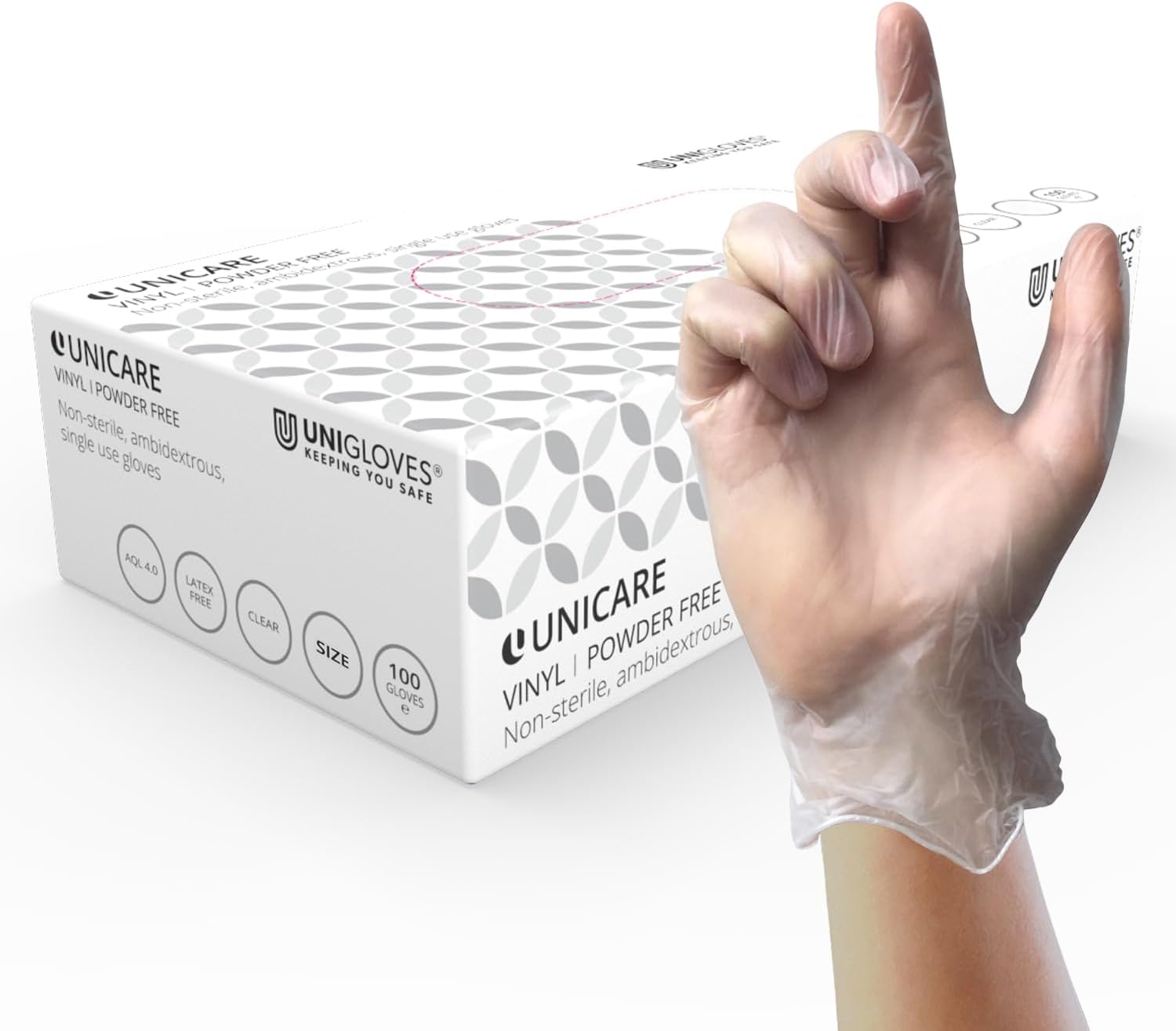 Unigloves Unicare Clear Vinyl GS0065 Examination - Multipurpose, Powder Free and Latex Free Disposable Gloves, Box of 100 Gloves, Clear, Extra Large