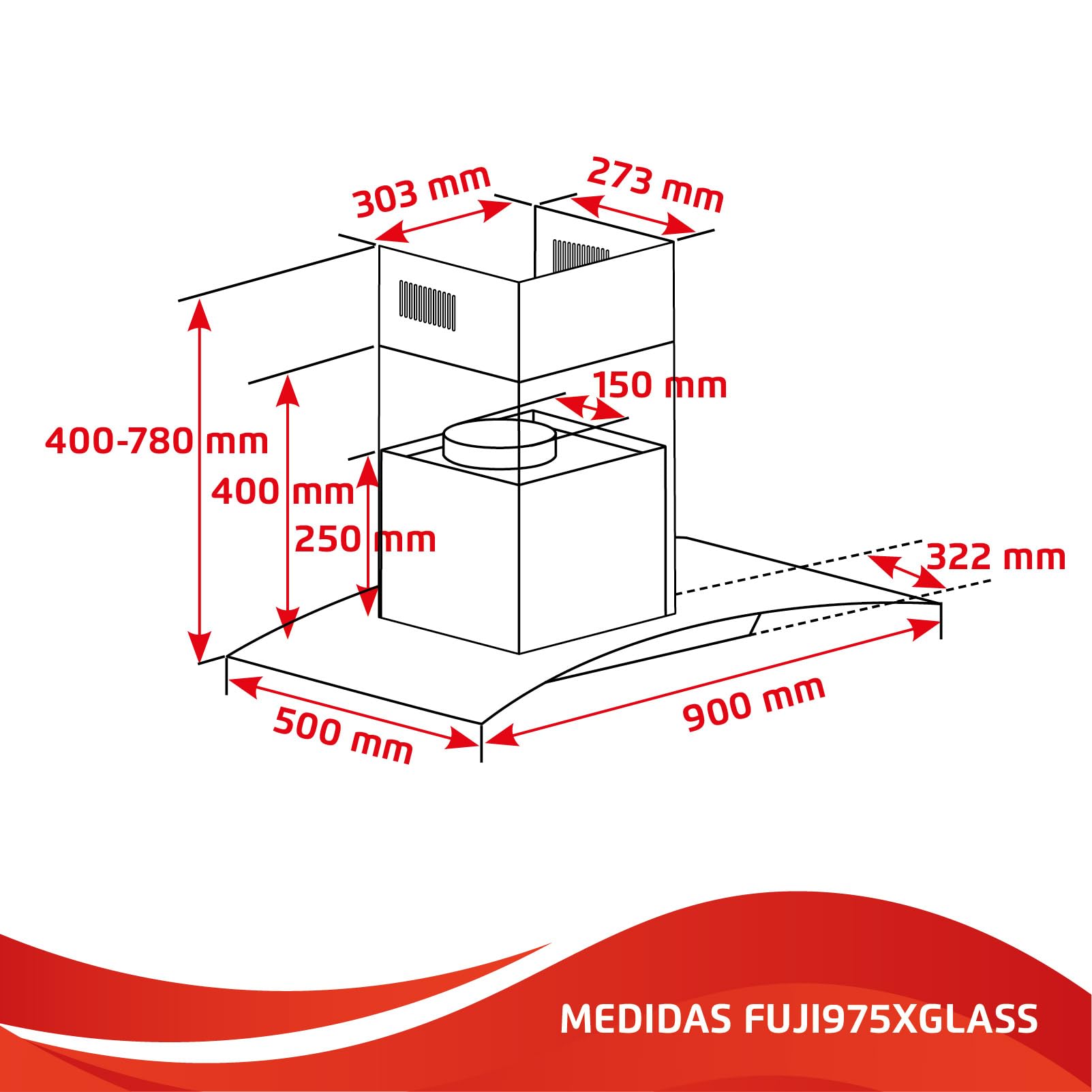 Corbero - Campana Extractora Horizontal 90cm | FUJI975XGLASS | 720.2 m3/h| 67db| 235W | 4 Velocidades | Control Touch| Panel LED| Filtro Aluminio + Filtro Carbón | Acero Inoxidable-Cristal