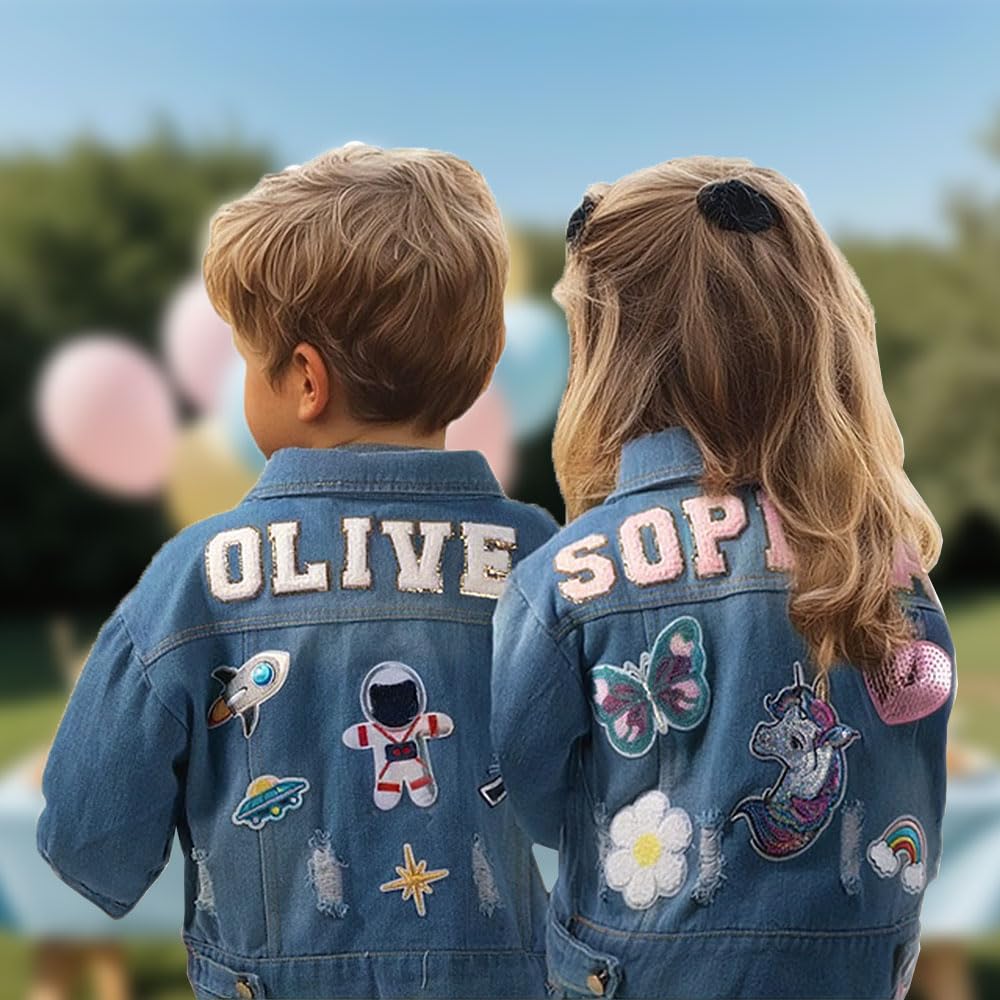 Personalisierte Jeansjacke für Kinder mit Namen, Individuell langärmelige Jeansjacke mit Muster für Mädchen und Jungen, 1-10 Jahre, Geschenke zum Schulanfang, Geburtstag und Weihnachten