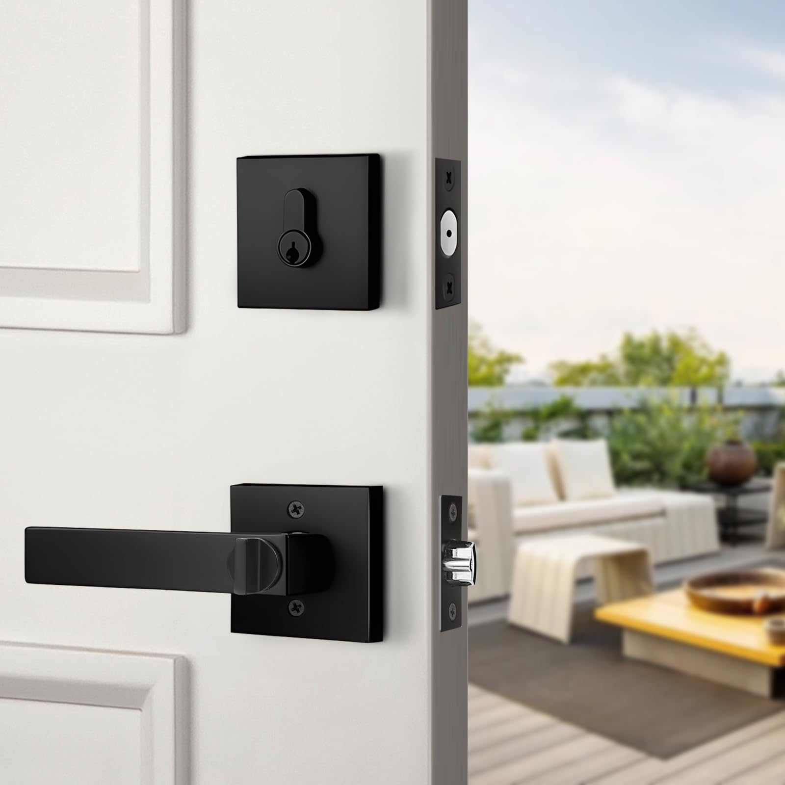 Probrico Juego de cerraduras de puerta exterior de color negro mate con cerrojo de seguridad, manija de entrada de puerta delantera y cerrojo de doble cilindro, palanca de puerta cuadrada con