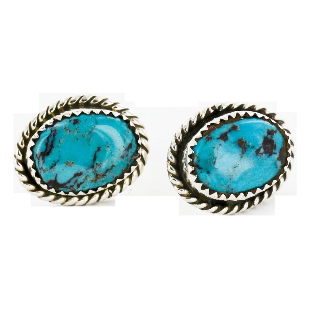 $100Tag Certified Silver Navajo Hooks Stud Native Earrings Natural Turquoise 24391-2 Made By Loma Siiva