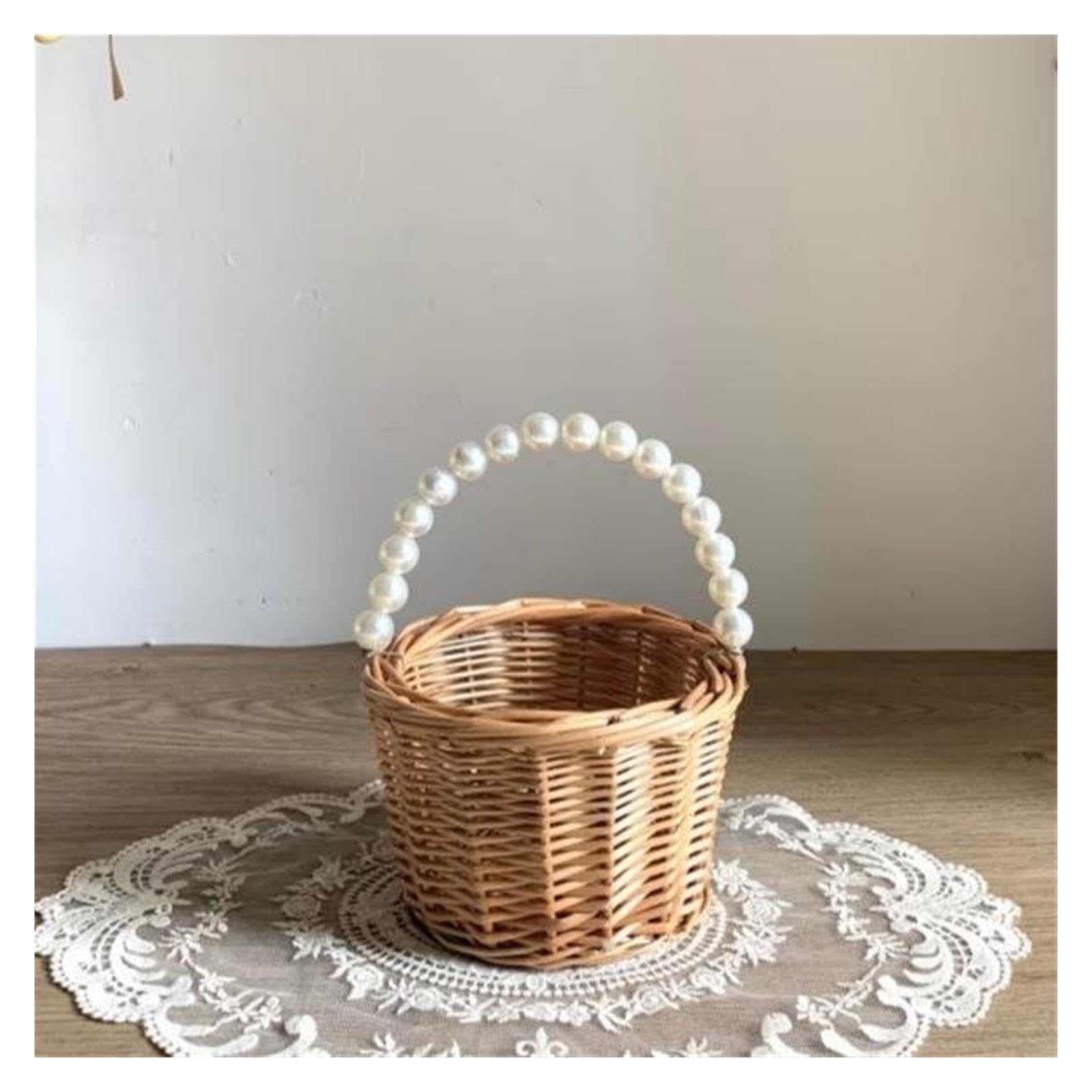 1pcs Pearl Portable Rattan Flower Basket Per Matrimoni