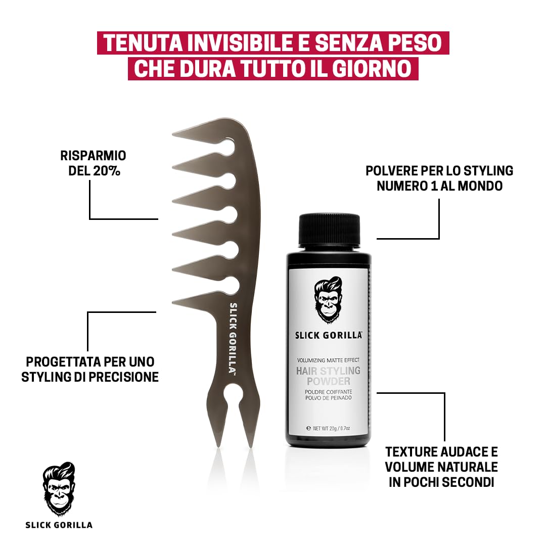 Slick Gorilla Polvere Texturizzante + Pettine a Denti Larghi per Uomo | Finitura opaca | Aggiunge volume e spessore | Tenuta naturale forte | Set styling non grasso per un uso quotidiano facile
