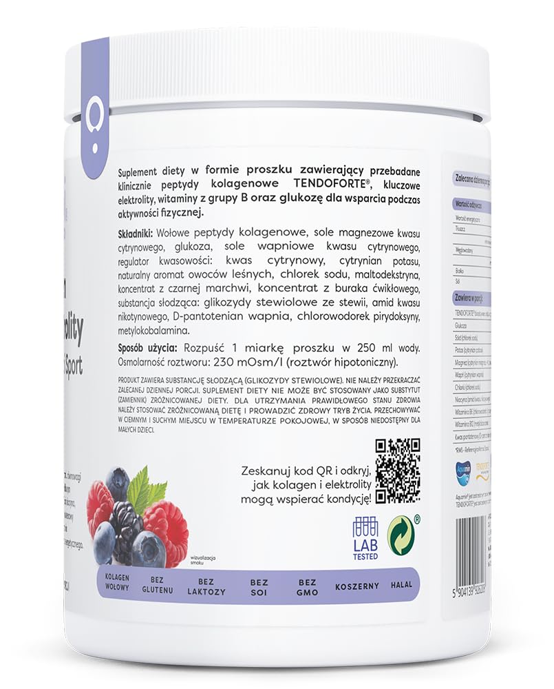 Osavi Kolagen & Elektrolity Witalność i Sport – 390 g proszku | Smak owoce leśne | Peptydy kolagenowe TENDOFORTE® | 5 elektrolitów + witaminy B | Aquamin Mg® | Wsparcie podczas aktywności fizycznej