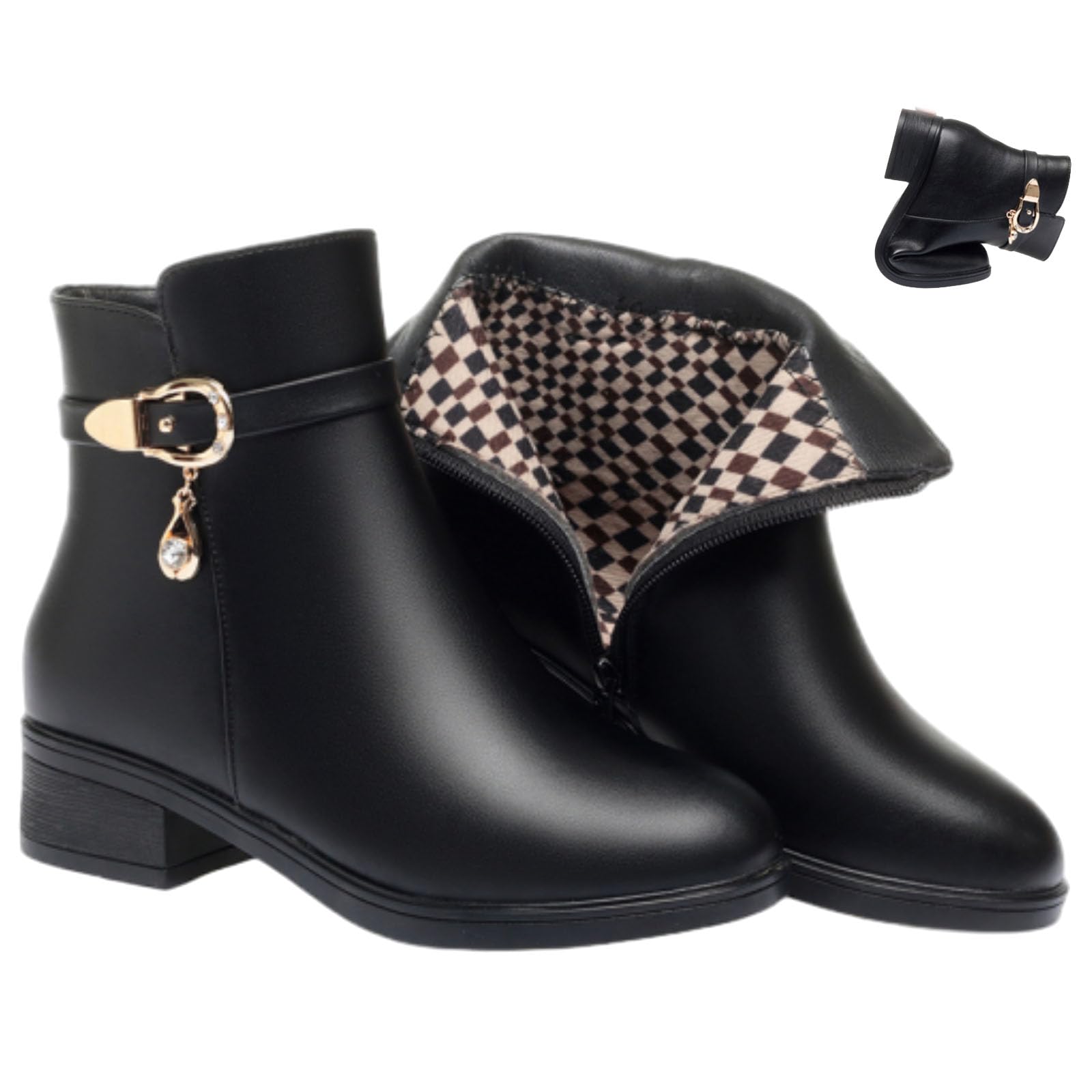 Womens Metal Buckle Genuine Leather Wool Orthopedic Boots Side Zipper Chunky Heel Ankle Boots Soft Warm Fur Lined