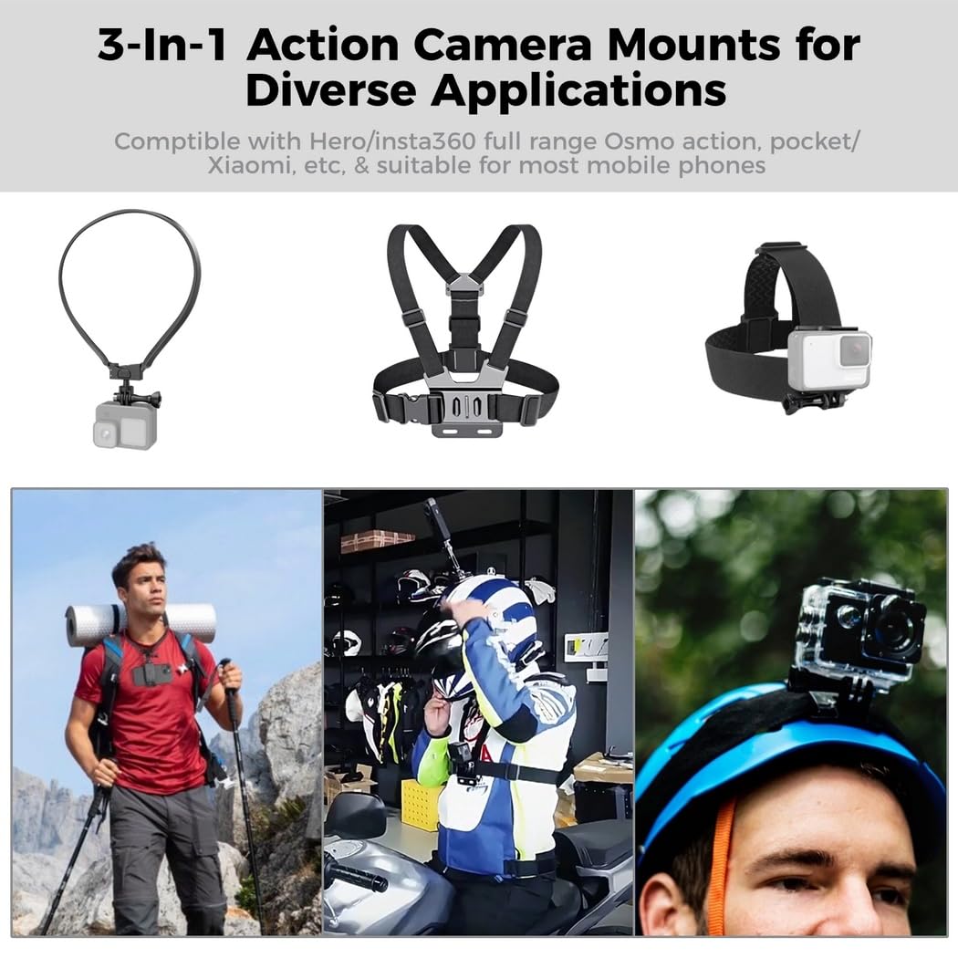 Lot de 3 Supports pour caméra de Sport et Smartphone, Harnais de Poitrine, Bandeau de tête et Tour de Cou pour vlogging, kit POV Mains Libres Compatible avec Hero, Insta360, Xiaomi et téléphones