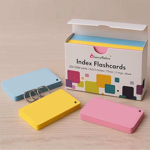 Cherryflakes Coloured Index Flash Cards Tray - 3 Colours - 3x5.5 inch - 75 Cards - 225 GSM Thick (Unruled)