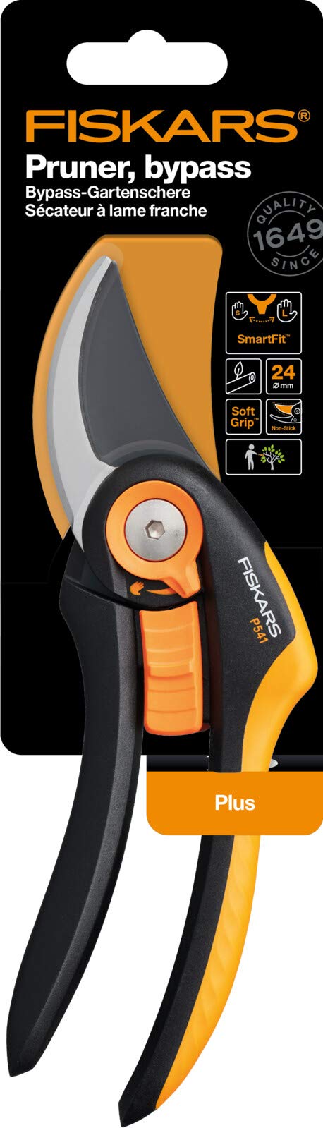 Fiskars Sekator obejściowy, Plus SmartFit, P541, Do świeżych gałęzi i gałązek, Powłoka nieprzywierająca, Ostrza ze stali nierdzewnej, Długość: 20,1 cm, Czarny/Pomarańczowy, 1057169