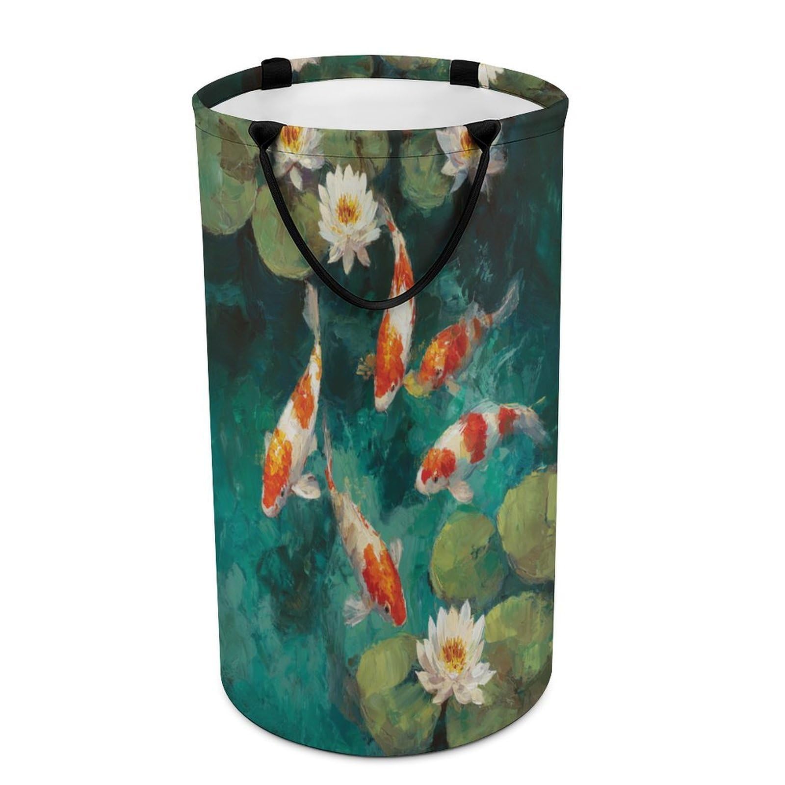 LUYYSKY Rustic Realistic Japanese Fish Versatile Storage Laundry Basket, Asian Classic Botanical Plant Lotus Flowers Lotus Leaves Animal Fish Large Bathroom Hamper With Handle-40 CM Dia, 69 CM High