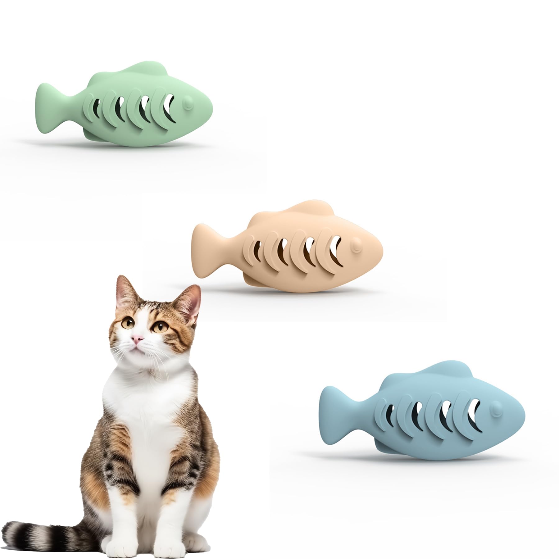 DAFORERAL 3PCS Silicone Fish Shape Cat Toothbrush Teething Toy | Cat Food Dispenser, Interactive Teething Toy for Indoor Cats | Durable Silicone Dental Toy for Kittens & Adult Cats