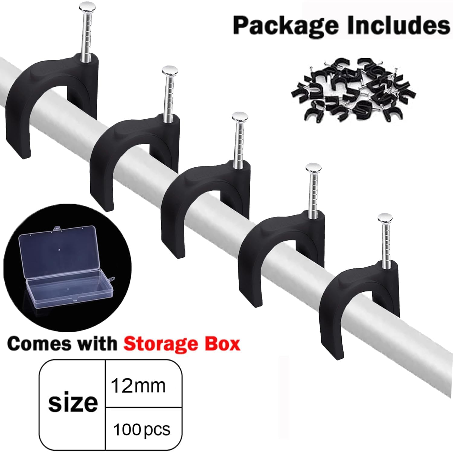 100PCS Round Cable Clips with Storage Box, 12MM Electrical Cable Wall Clip Nail Clips Management - Image 2
