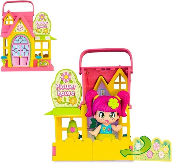 Pinypon, Las Flores Playhouse, Yellow and Pink Foldable Toy House with Accessories, Decorations to Play and a Mini Doll, for Boys and Girls from 4 Years, Famous (PNY26100)