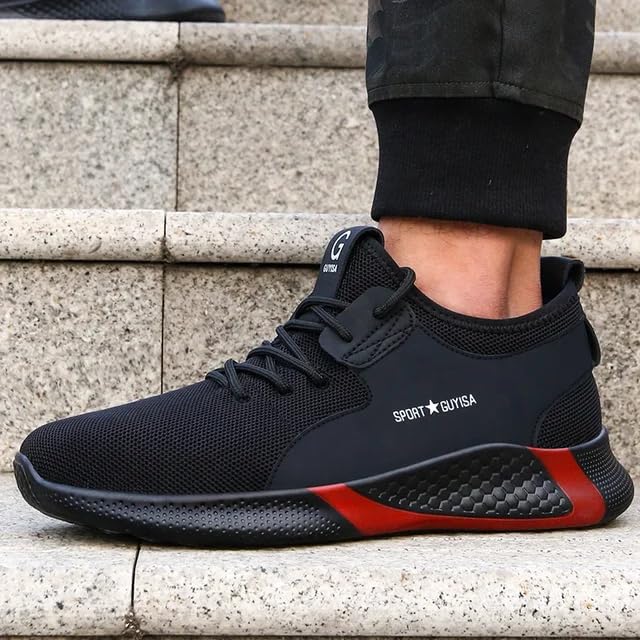 Image of BERKINS Men's Steel Toe Safety Shoes, Black and Red, Mesh and Microfiber Leather, Lace-Up, Lightweight for Work and Construction