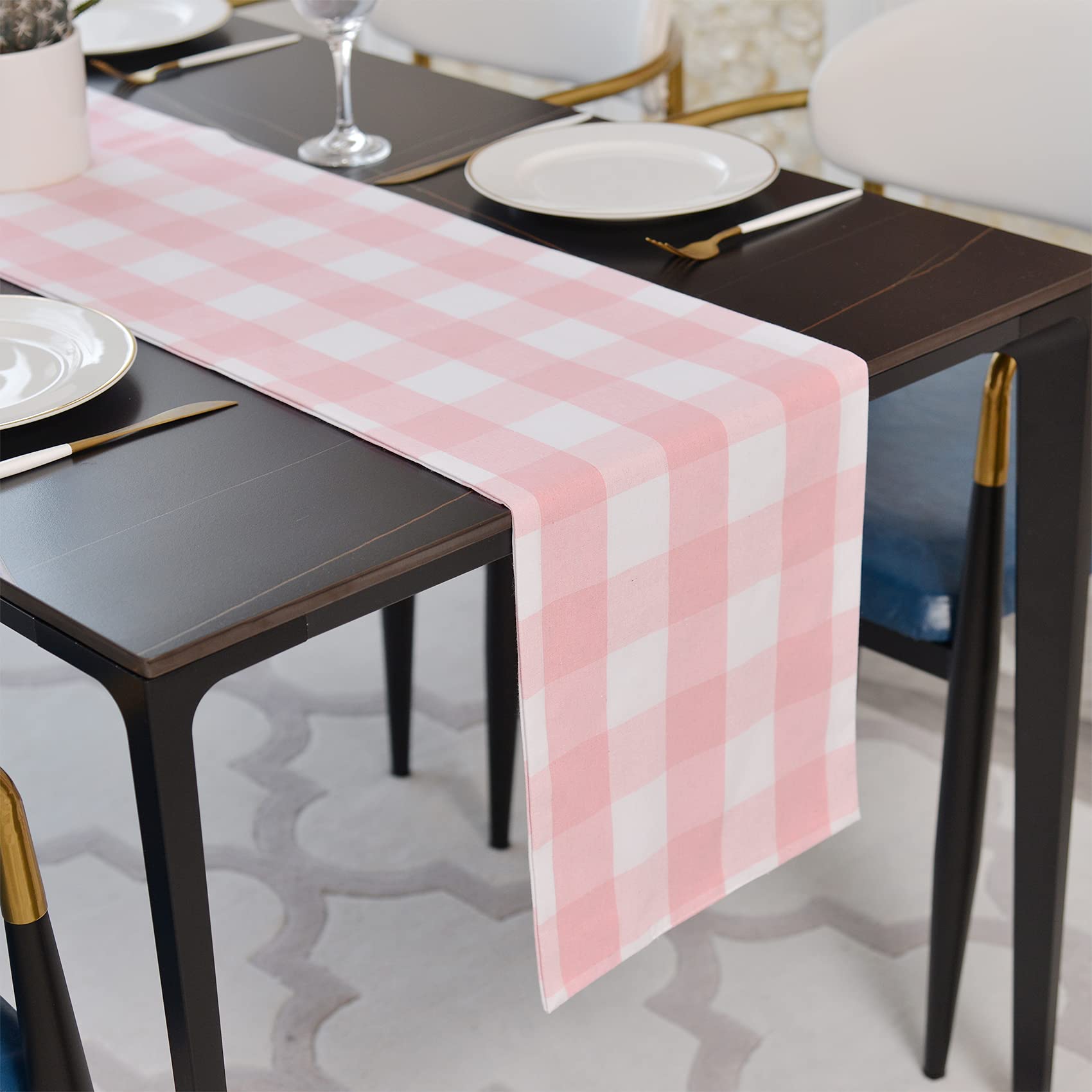 NATUS WEAVER Pink & White Buffalo Check Table Runner Cloth 2 Side for Family Dinners or Gatherings, Indoor or Outdoor Parties, Everyday Use, 12" x 120
