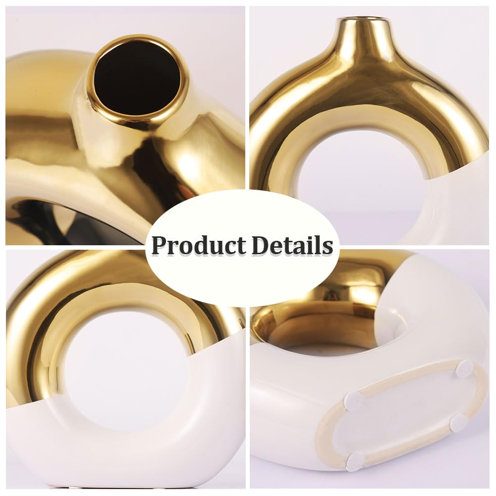 Set di 2 vasi in ceramica bianca e oro, vaso da fiori per decorazione domestica, vaso a ciambella per scaffale, vaso decorativo moderno bohémien, vaso rotondo per erba della pampa, perfetto per tavolo
