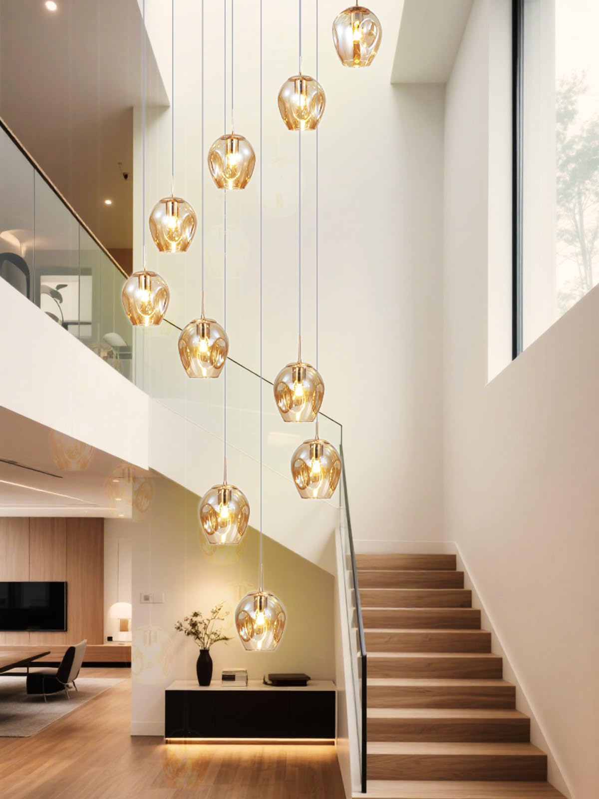 Pendelleuchte 10 Flammig Treppenhaus Glaskugeln Lampe Lang Decke Hängelampe,Längenverstellbare Hängeleuchte Kugelleuchte,Kugel Glas Hängend Deckenleuchte für Galerie,Treppenspirale,Flur