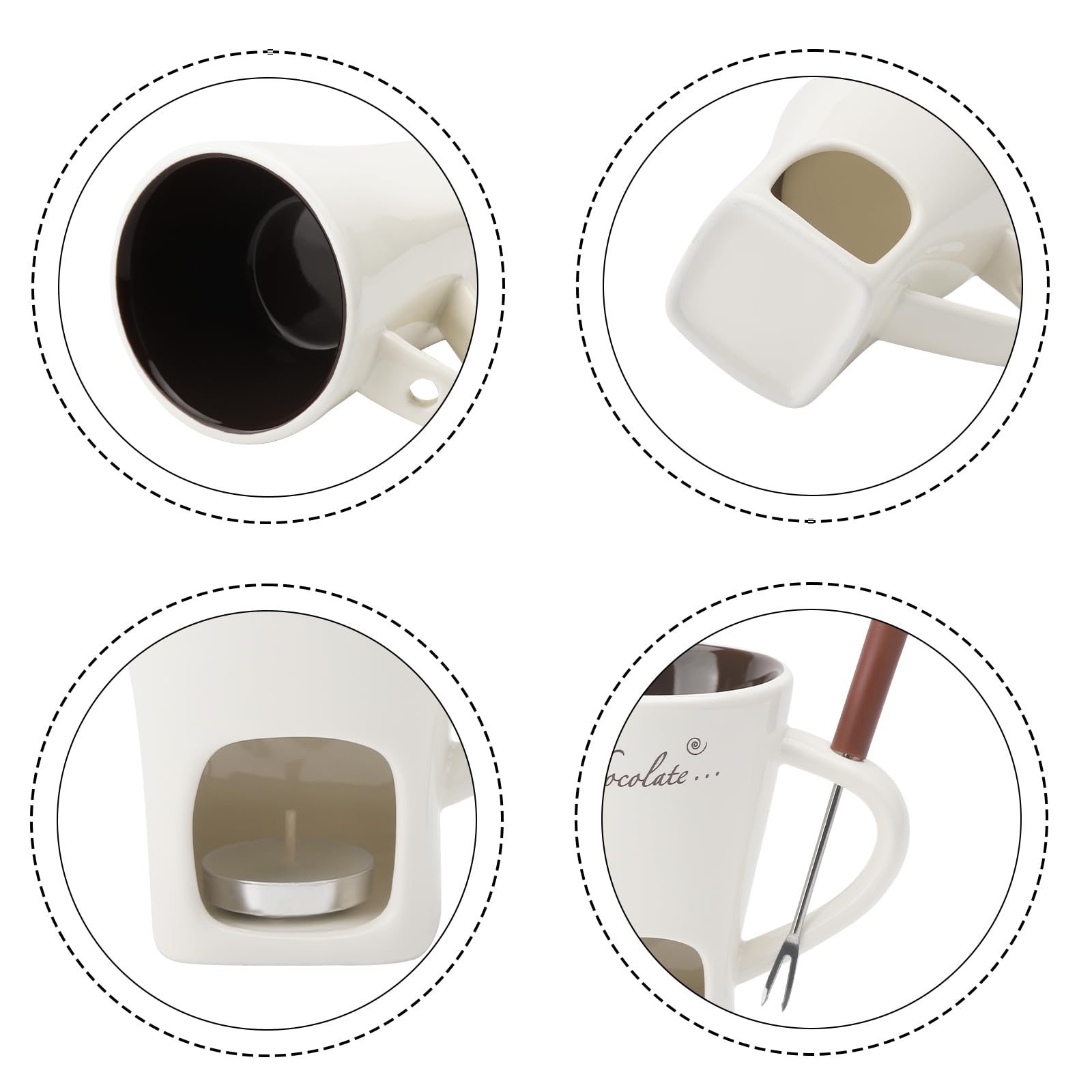 Filiżanka do fondue czekoladowego z widelcami, 200 ml, ceramiczny zestaw do czekoladowego fondue, kubek do topienia czekolady, zestaw do fondue z widelcem i podgrzewaczem, do sera, czekolady, masła