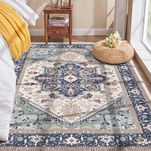 OPPODREAM Soft Area Rugs 3x5, Washable Rugs with Non Slip Backing, Low-Pile Throw 3x5 Carpet, Faux Cashmere 3 x 5 Carpet, Navy Blue & Red & Cream