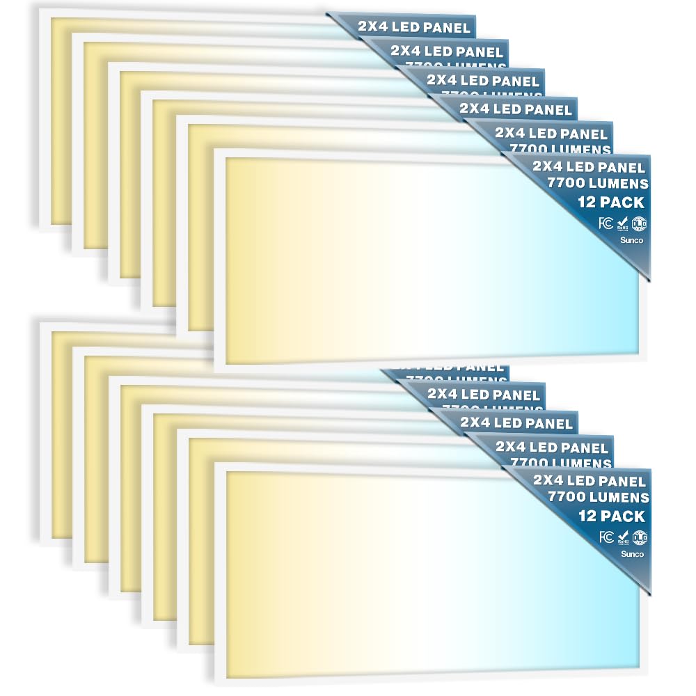 Sunco 12 Pack 2x4 LED Flat Panel Light Drop Ceiling Office Fixture 7700 LM Selectable Features 40W 50W