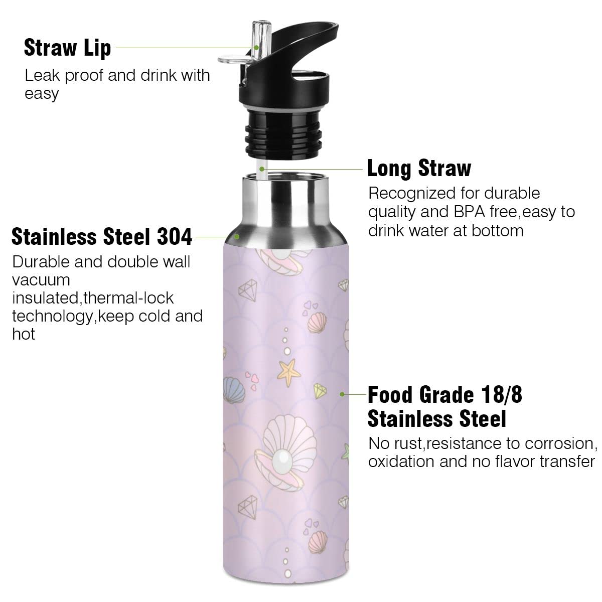 Edelstahl-Wasserflasche mit Strohhalm, schöne Perlen und Meerjungfrauen, isolierte Trinkflasche, Sport-Wasserflasche für Kinder und Erwachsene, auslaufsicher, 1 l
