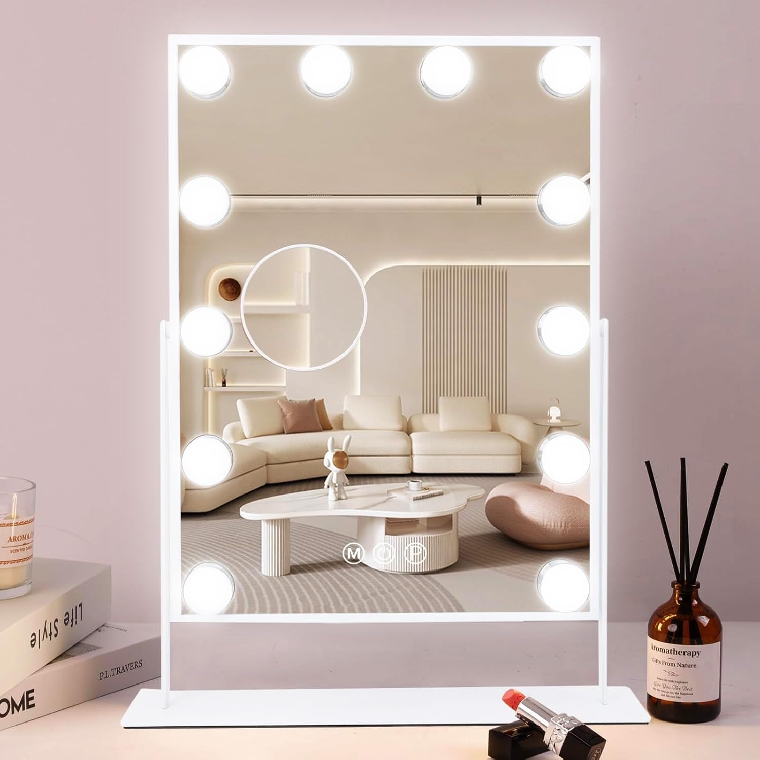 COOLJEEN Makeup Mirror Vanity Mirror with Lights - 12 Led Bulbs Lighted Hollywood Mirror, 10X Magnification,3 Color Modes, Touch Control, Women Gift (White) White-12 Bulbs