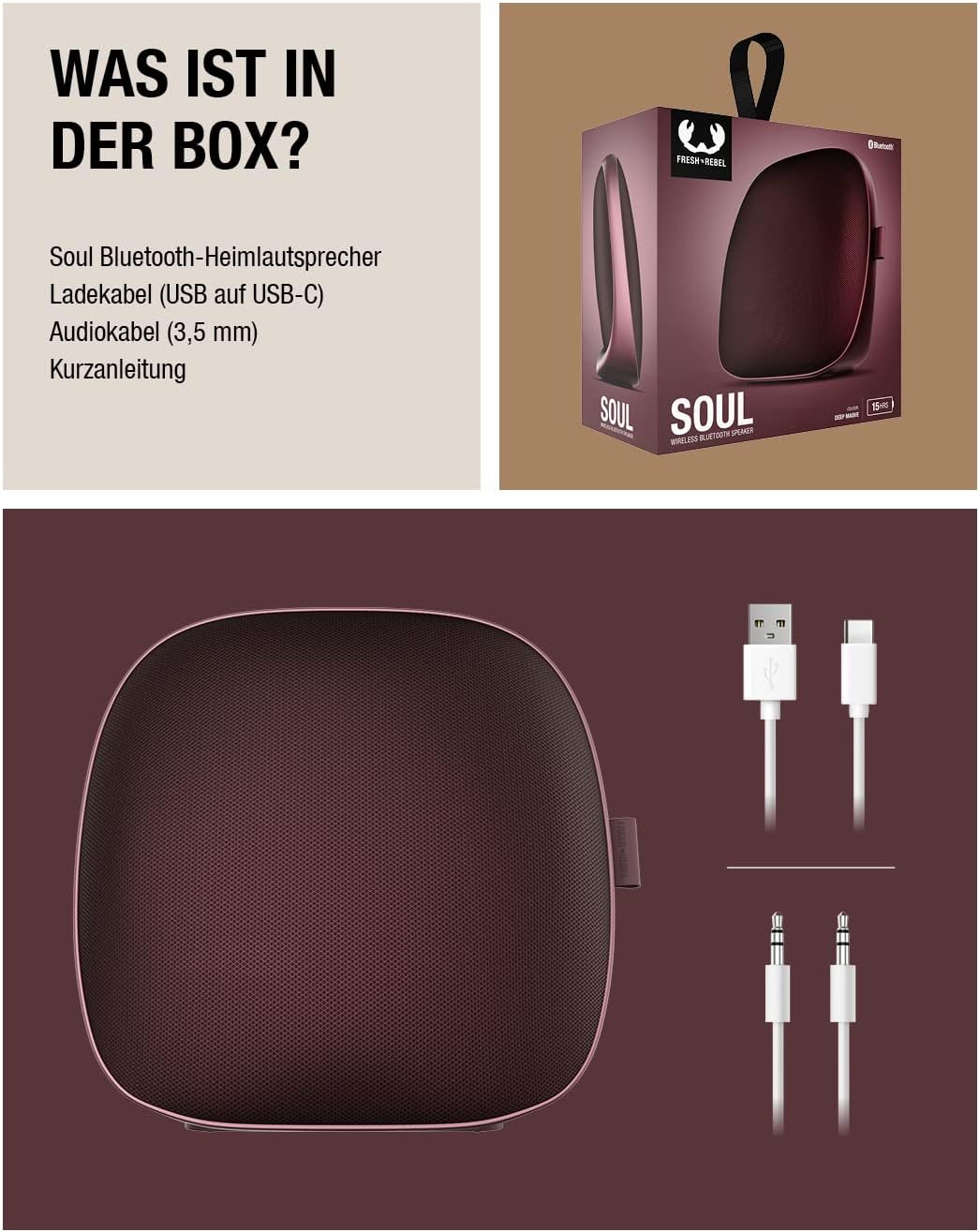 Contents of the Fresh 'n Rebel Soul speaker box, including the speaker, USB-C charging cable, and 3.5mm audio cable.