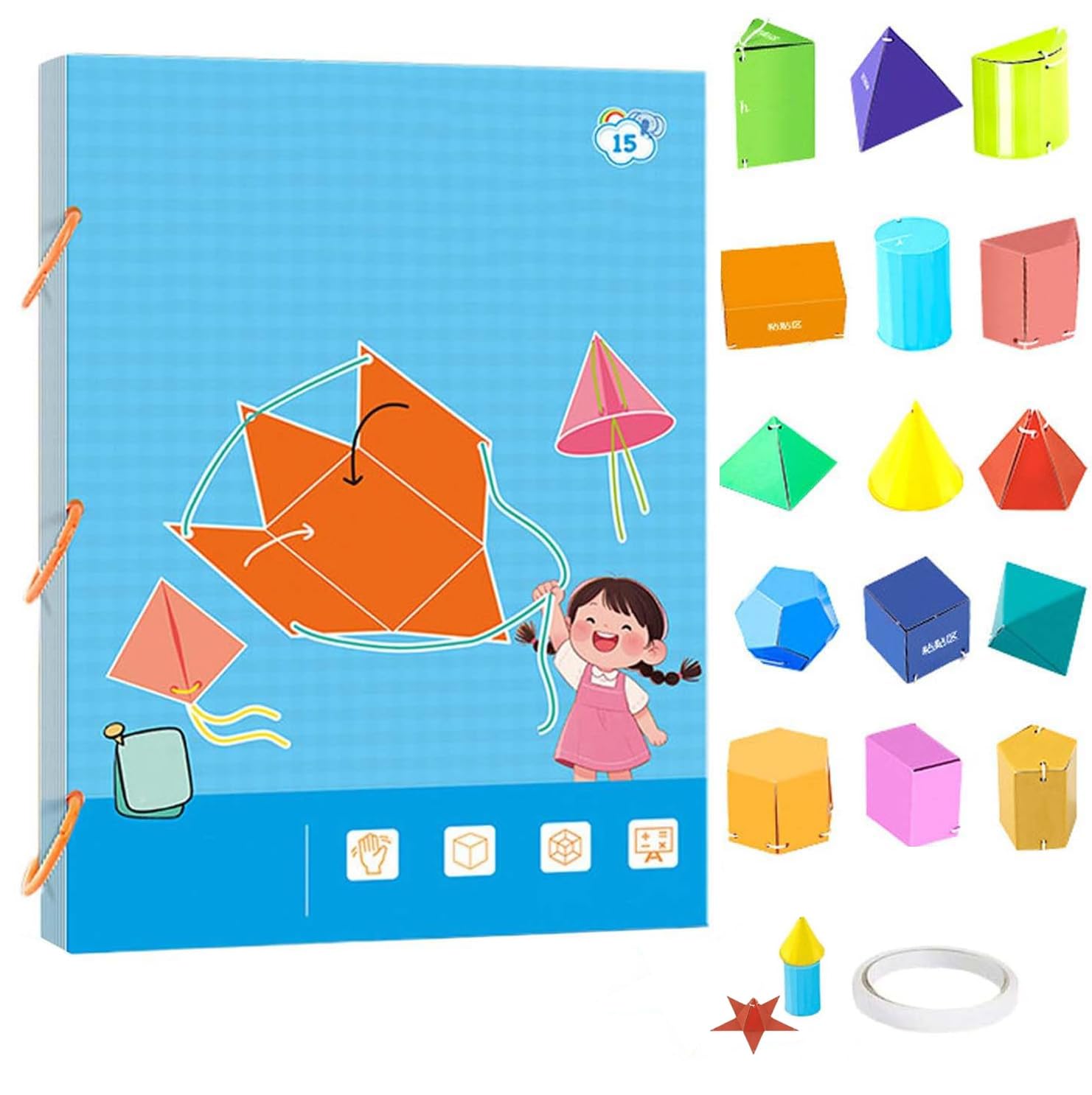 Pull String 3D Geometry Learning Book, DIY Geometry form Sets, Geometry Forms Book for Beginners with 15 Solids Models, Space Thinking Training, 3d shapes Educational Toys for Kids Ages 5-12