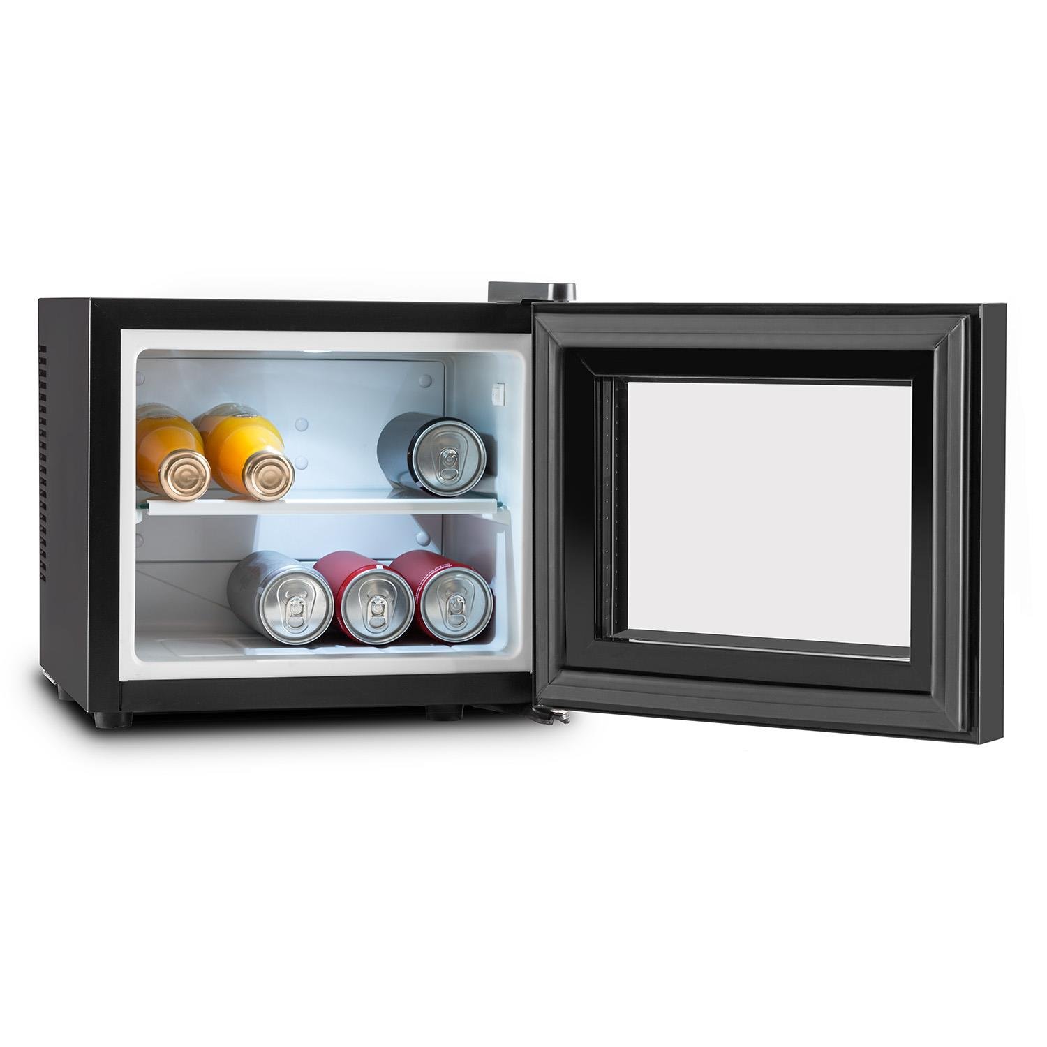 KLARSTEIN Frosty Mini frigo Réfrigérateur compact pour boissons et fromages 10 L 65 W Classe B (température 12-18 °C, porte en verre à isolation double, 30 dB, éclairage intérieur) - noir