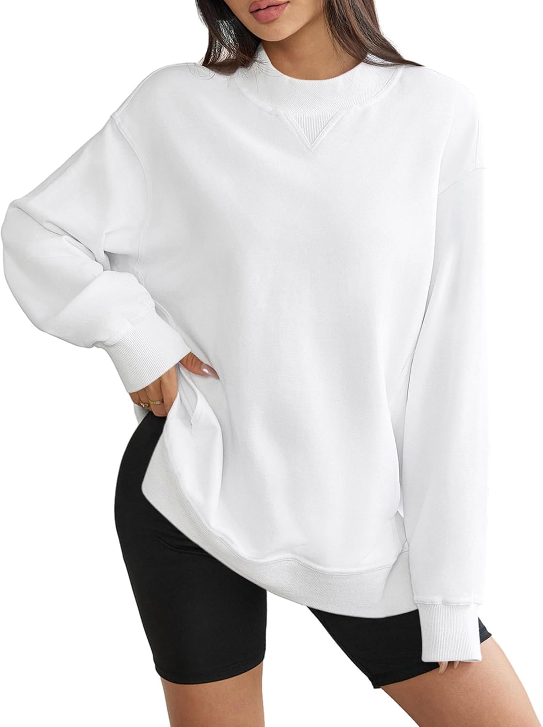 DittyandVibe Women's Long Oversized Sweatshirts Mock Neck Pullover Long Sleeve Side Split Tops with Pocket