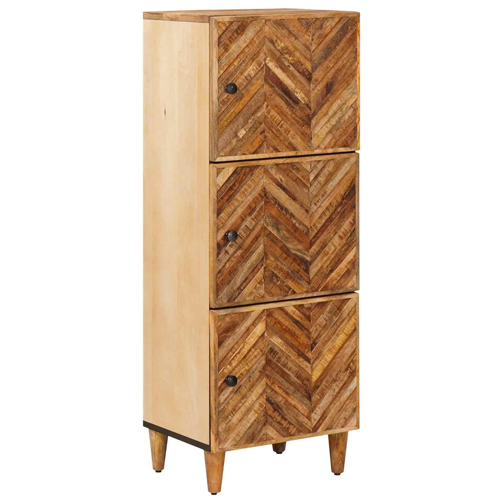 Stauraumschrank Braun aus massivem Mango-Holz 40 x 33,5 x 110 cm mit Messingknöpfen und 3 Türen, Wohnzimmer Medienaufbewahrung für TV, DVD, CD, Vinyl, Router, Kabel und Gaming Zubehör