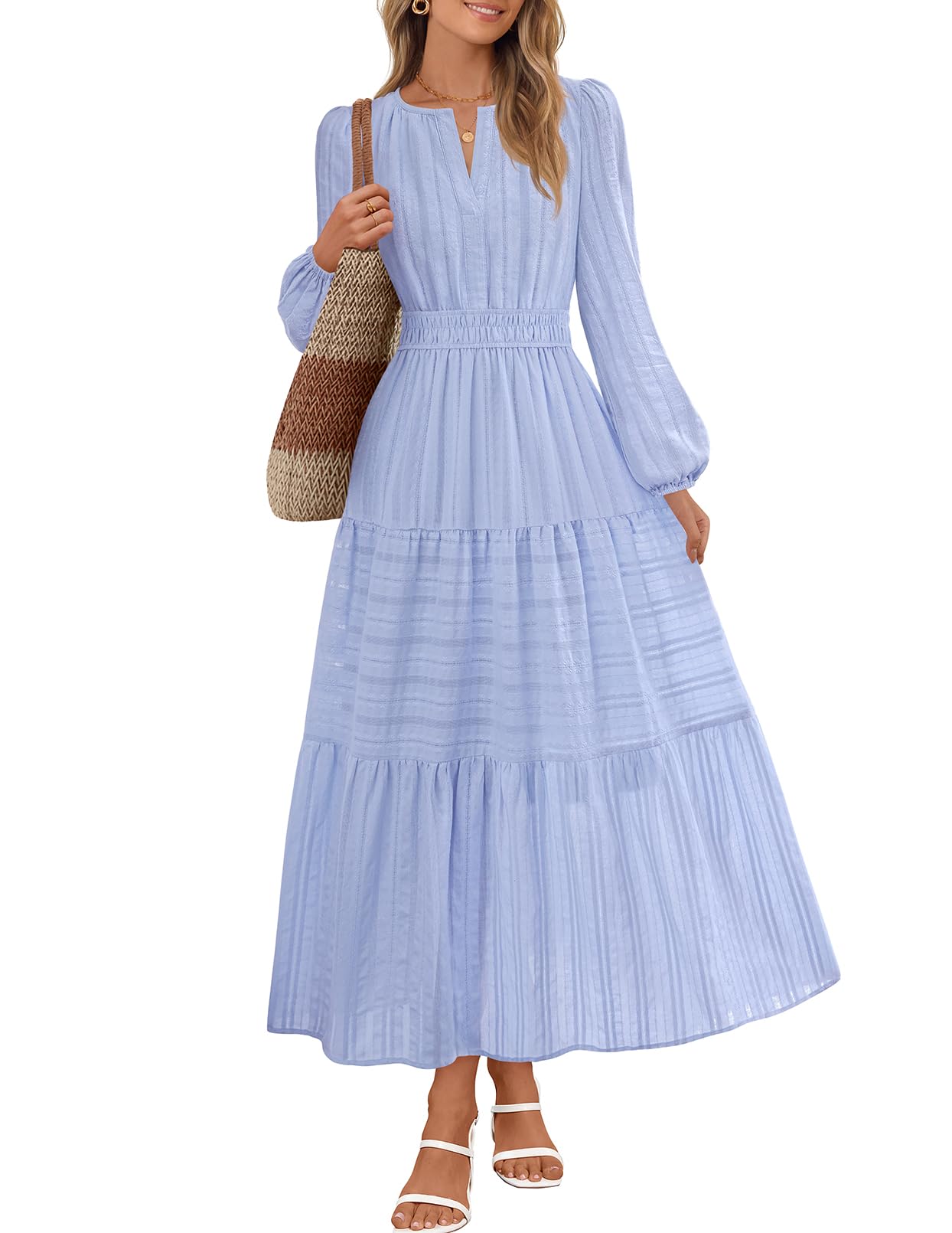 MEROKEETY Winter Spring Midi Dresses for Women 2026 Casual Vacation Long Sleeve V Neck Tiered Cotton Maxi Dress Pockets, Blue, S