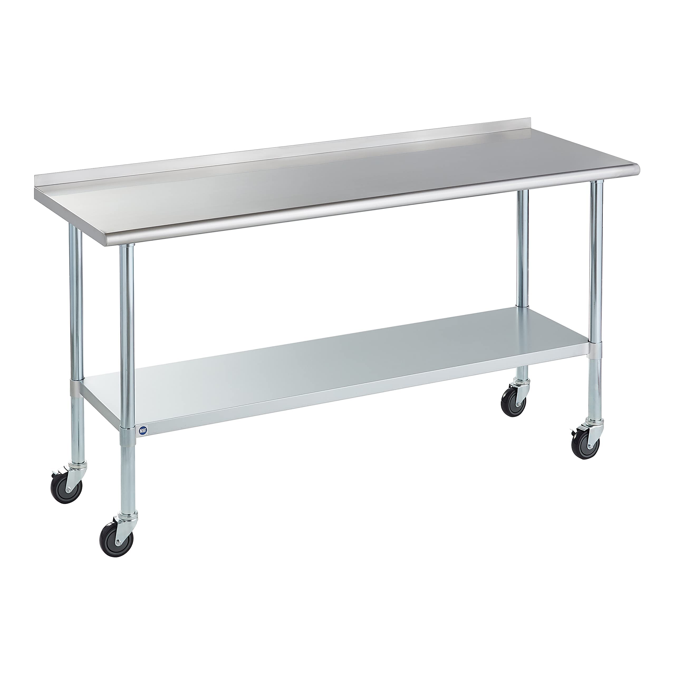 ROCKPOINT Stainless Steel Table for Prep & Work 72x24 Inches with Caster Wheels, NSF Commercial Heavy Duty Table with Undershelf and Backsplash for Restaurant, Home and Hotel