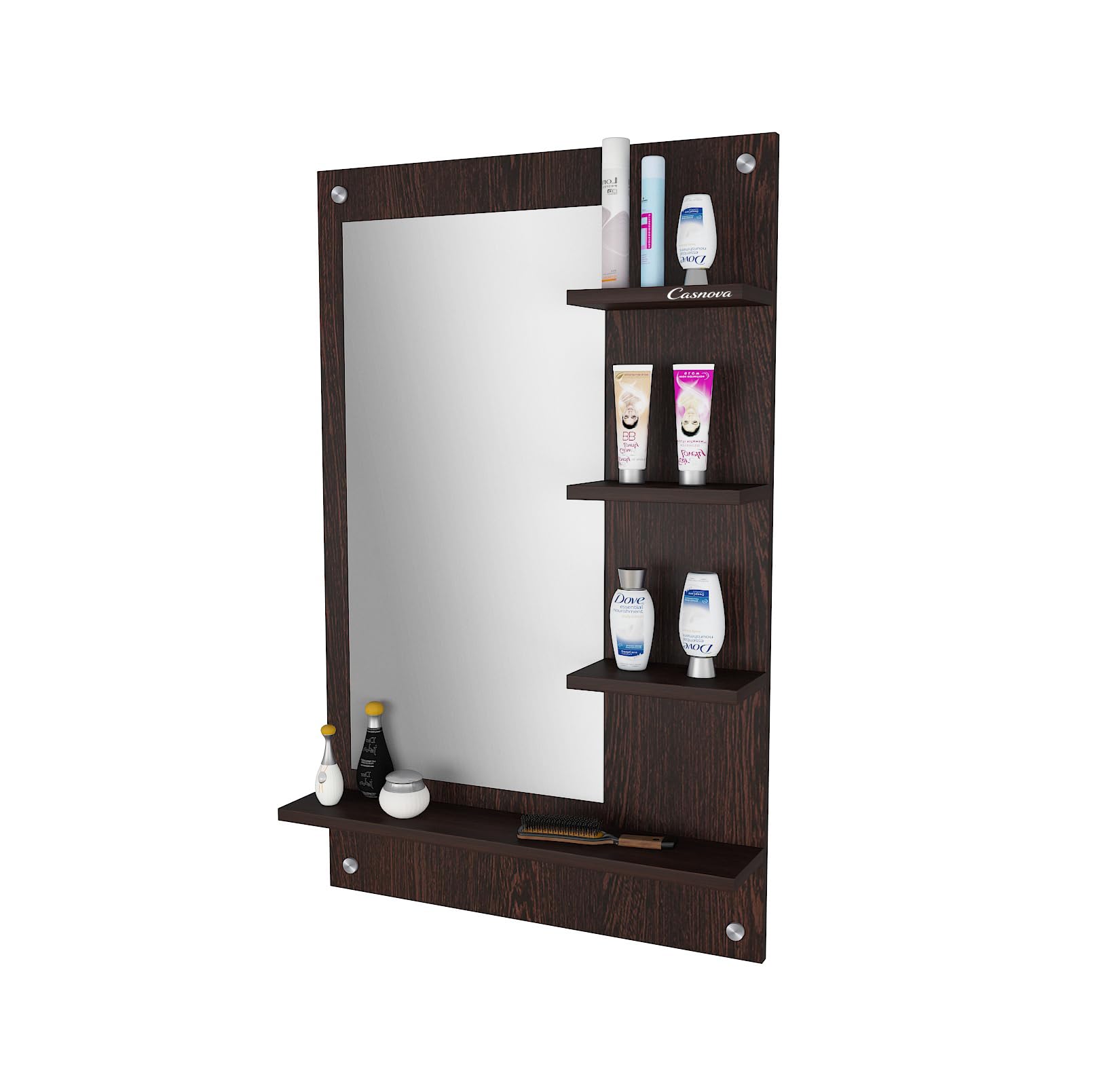 Casnova Bellezza Wall Mounted Dressing Mirror with Shelves (60 x 80 CM) | 4 Storage Shelves Wall Mounted Dark Wood Finish Bathroom & Bedroom Organizer Living Room-picture-14