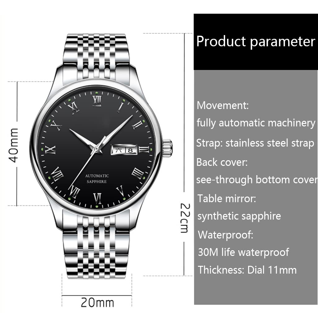 Męski nowoczesny mechaniczny zegarek z paskiem ze stali nierdzewnej automatyczny świecący wielofunkcyjny wodoodporny zegarek na rękę Chronograf zegarek (kolor: A)