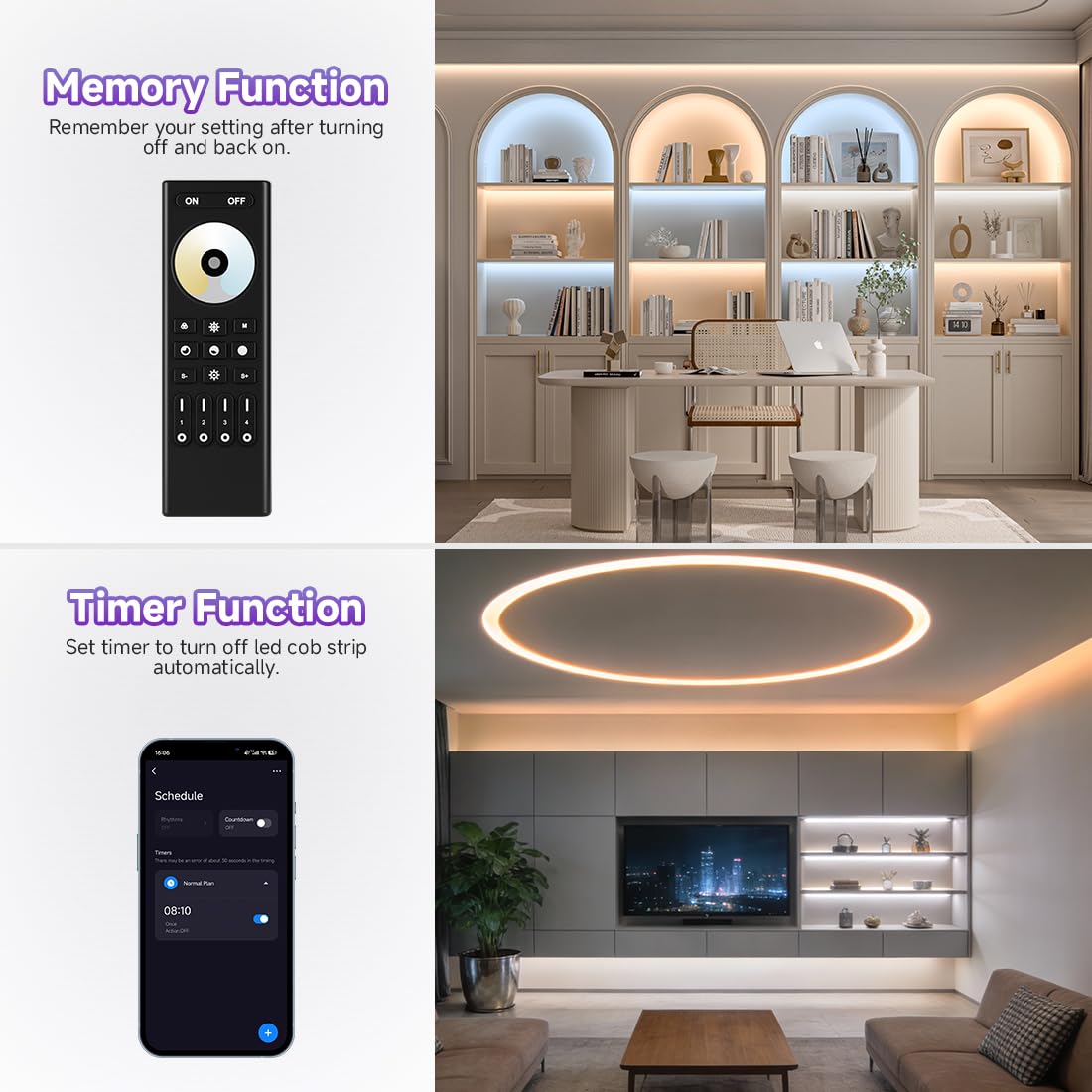 BTF-LIGHTING CH21W Tuya Smart WiFi & 2.4GHz Hochfrequenz-2in1 LED-Controller mit RC02RFB Fernbedienung für FCOB SMD PWM 3-Pin-CCT LED Streifen - 4-Zonen-Gruppensteuerung, mit Alexa & Google Home