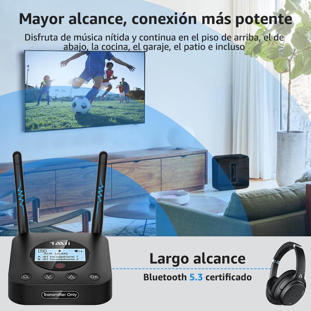 1Mii B06TX+ Transmisor Bluetooth 5.3 para TV, Adaptador Bluetooth Audio Entrada Óptica/AUX/Coaxial con Pantalla Fácil de Conectar con 2 Auriculares, Control de Volumen, aptX LL/HD, Largo Alcance