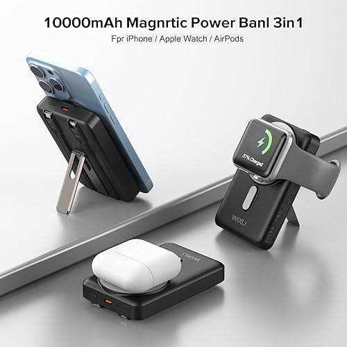 Miniatura 5 de Cargador portátil inalámbrico, banco de energía magnético 3 en 1 de 10000 mAh con cable USB-CiOS y soporte, batería de carga rápida de 22.5 W,