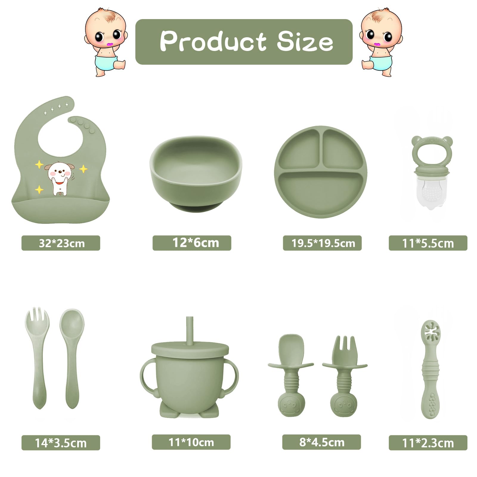 Vajilla Bebe Silicona, 12 Piezas Juegos de Vajilla Bebe Antideslizante con Platos Cuenco Babero Cuchara Bebe Taza, Cubiertos Bebe, Baby Led Weaning, Sin BPA, Cubiertos Infantiles (Verde)