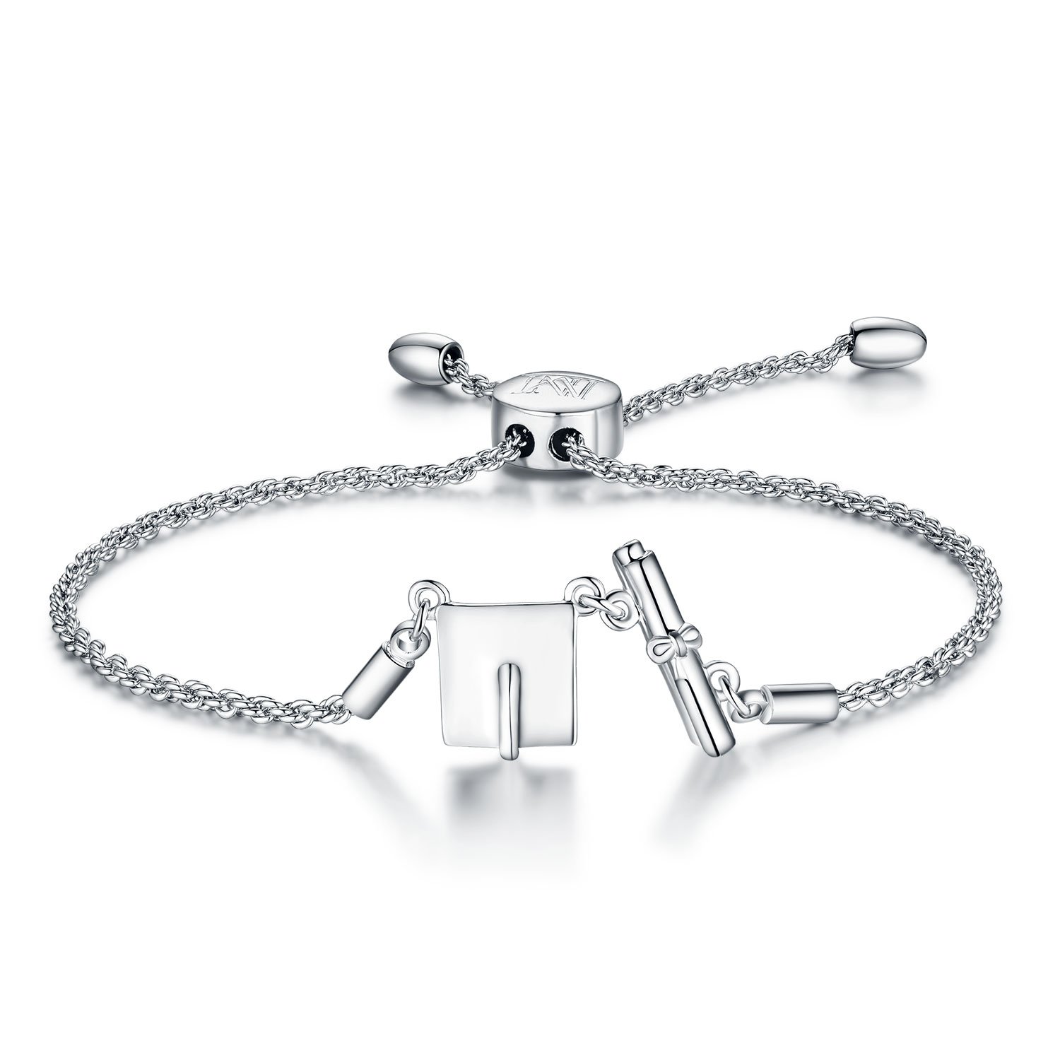 Graduation Gift NINAMAID 3D Cap and Diploma Charms Expandable Bolo Bracelet Adjustable White Gold Plated Copper Jewelry